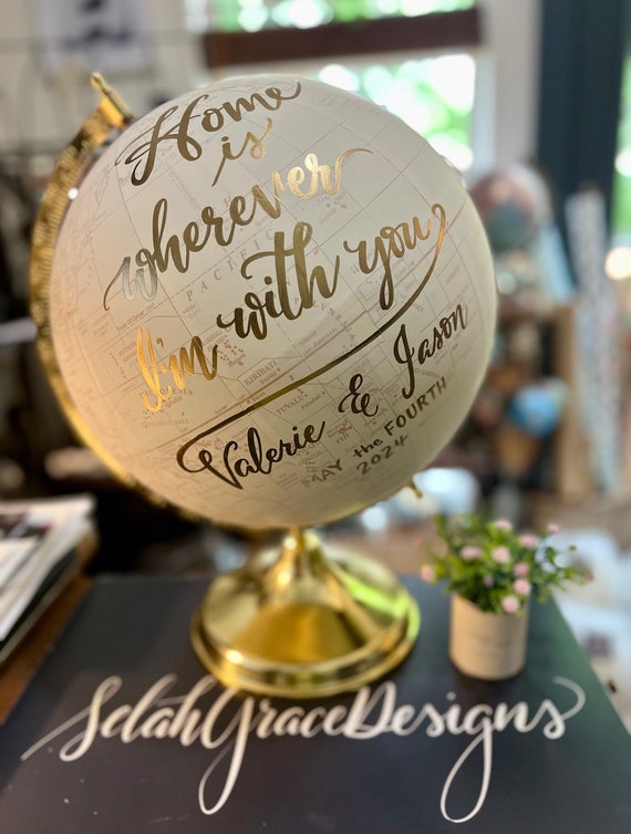 LARGE White and Gold WHITEWASHED Guest Book Globe - 12 Inch Large Wedding Globe Custom Calligraphy / Wedding Guest Globe, Guestbook Globe