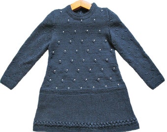 Navy Blue Knitted Dress, Girls Sweater Dress