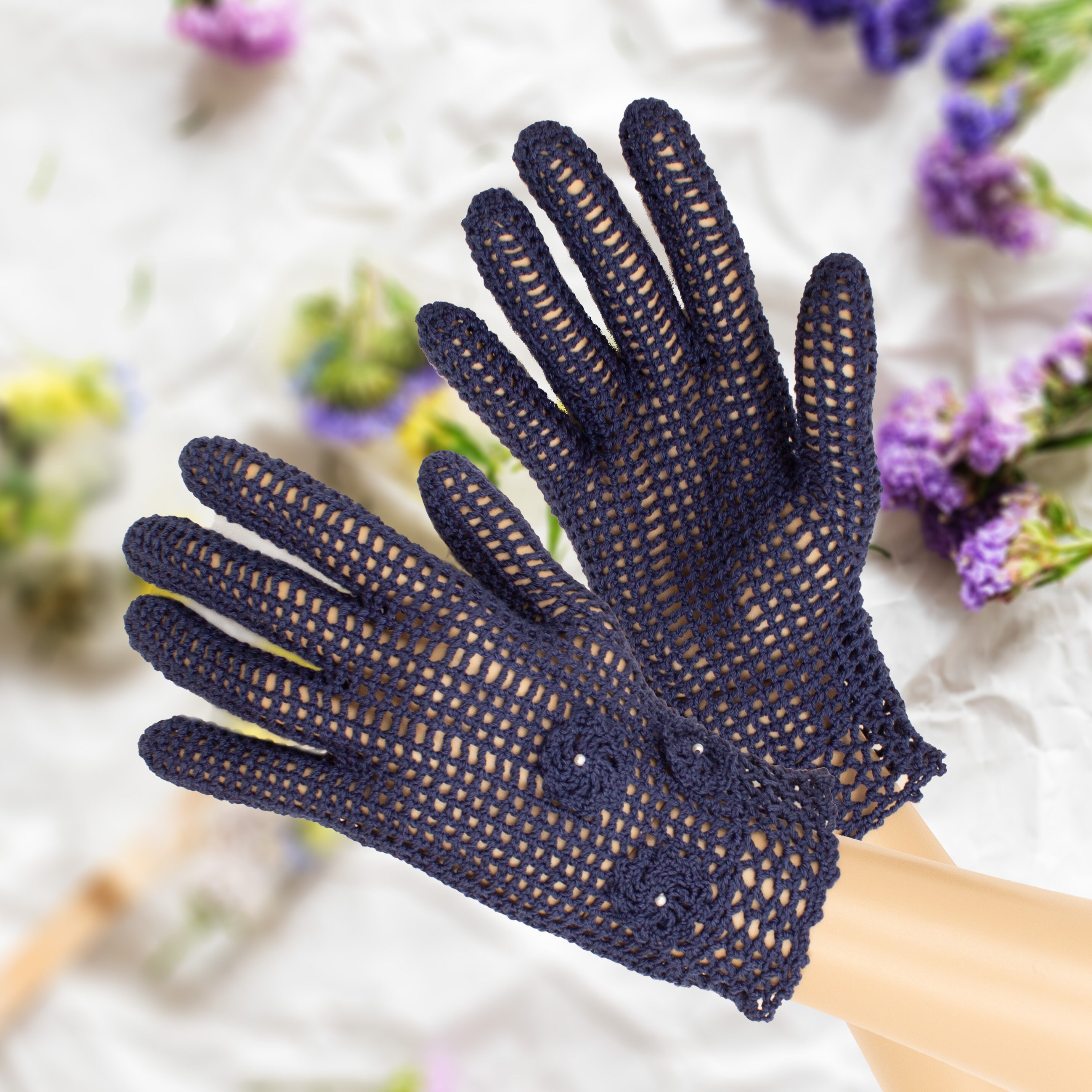 Navy blue lace summer gloves for women Etsy
