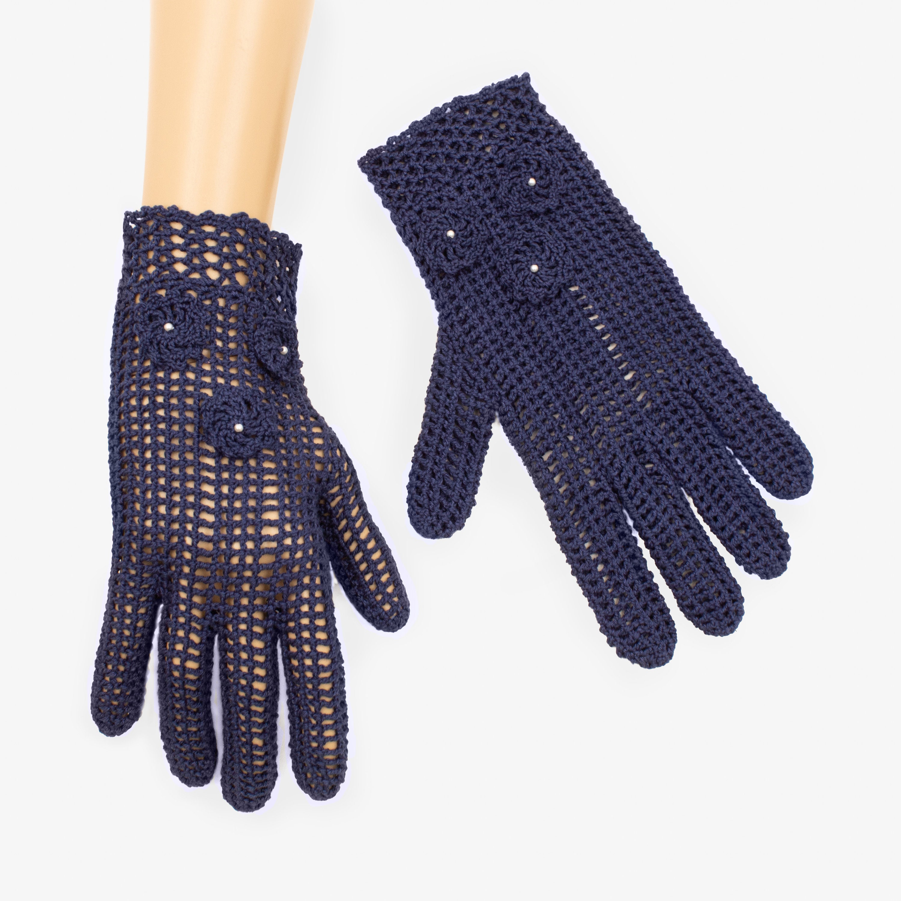 Lace Gloves for Women Navy Blue Cotton Size M Ready to Ship Etsy