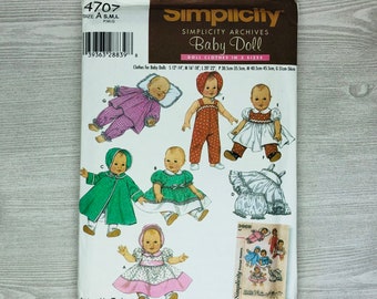 Simplicity Archives 4707 Sewing Pattern for Baby Doll Clothing in Three Sizes for 12"-14" Small, 16"-18" Medium, & 20"-22" Large Dolls