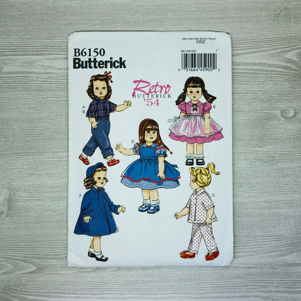 Butterick B6150 Retro '54 Sewing Pattern for 18” Doll Top, Pants, PJ’s, Dress, Bodice, Petticoat, Coat, and Hat