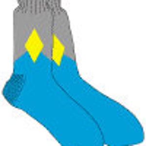 May include: Pair of blue and gray socks with yellow diamond patterns.