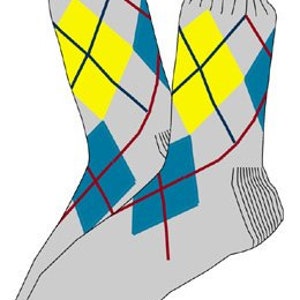 May include: A pair of grey socks with a yellow, blue and red argyle pattern.