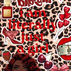 Puede incluir: Un collage con ilustraciones rojas sobre un fondo de estampado de leopardo. Incluye un tacón Prada, una lata de Coca-Cola, una porción de tarta de queso y el texto "I am literally just a girl."