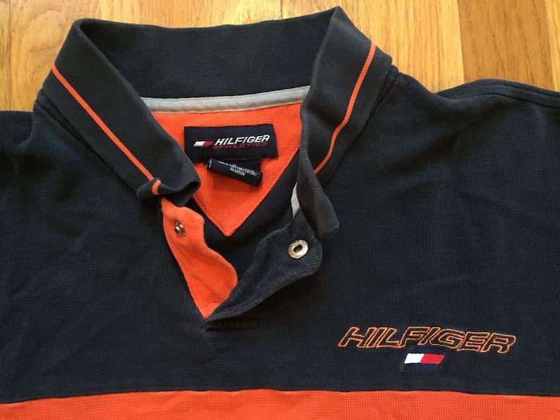Vintage 90s Tommy Hilfiger polo color block rugby short sleeve shirt orange and navy blue TH tommy hilfiger athletics collegiate preppy
