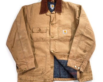 Vintage 90's Carhartt Beige Blanket Lined Cord Collar Workwear Jacket