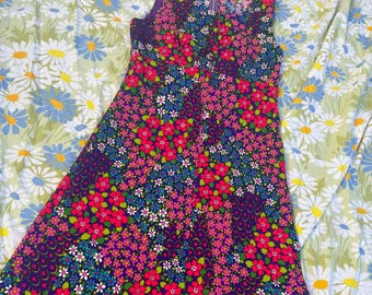 Vintage 60s 70s Flower Power Maxi Dress: Sleeveless Rainbow Print