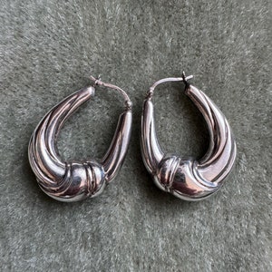 Vintage 1980s Sterling Silver Hoop Earrings: Retro Draped Fabric Design