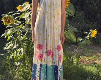 Vintage 70s Terry Cloth Dress: Flower Power Novelty Print