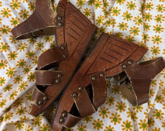 Vintage 70s Leather Platform Wedge Sandals, Carved Wood, Made in Brazil (Size 7.5)