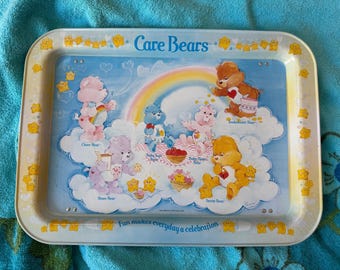 Vintage Care Bears 1985 American Greetings Tin Metal Tray with folding stand