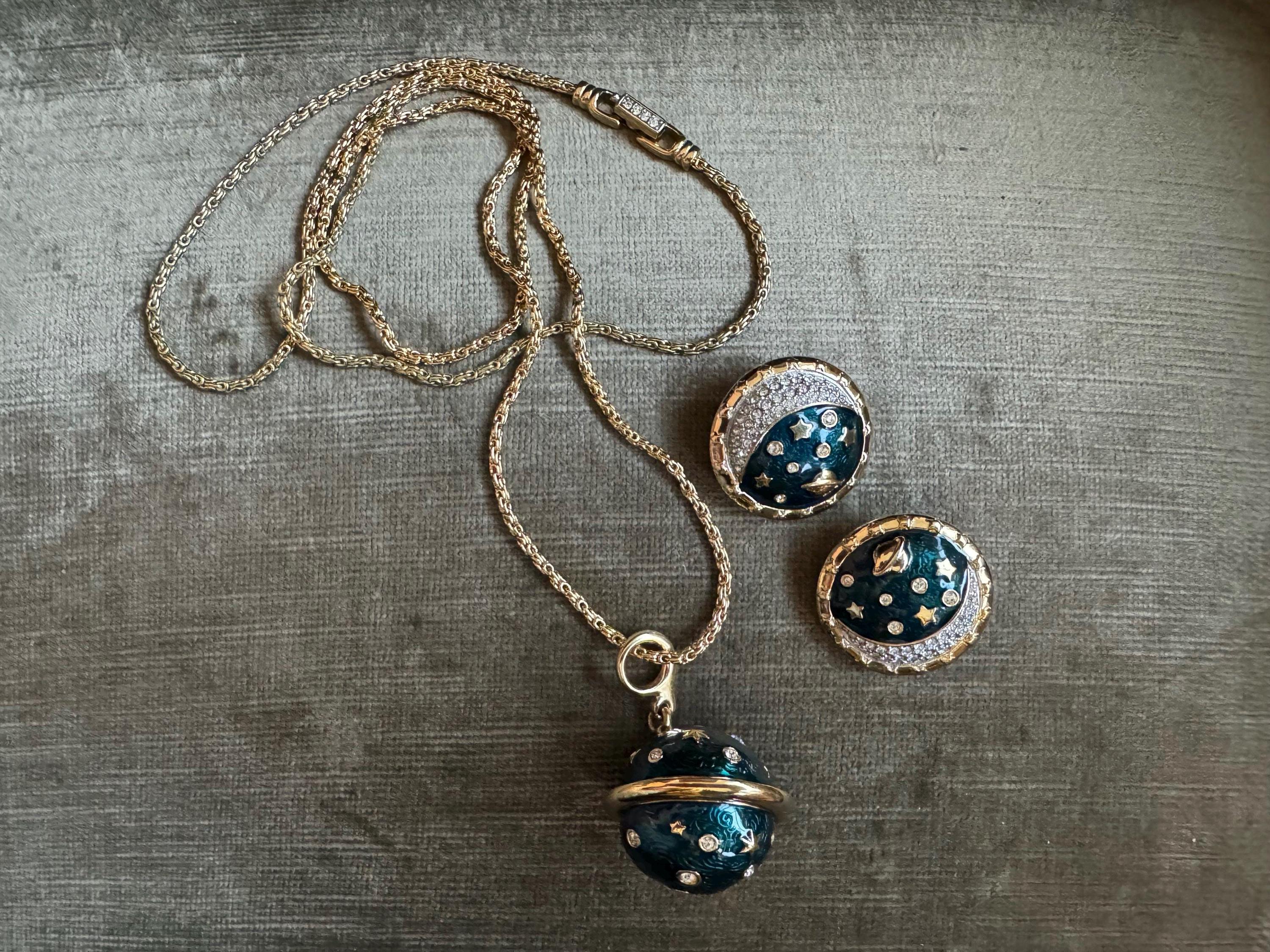 EschVintage Vintage 1980s Signed Swarovski Celestial Planet Sphere Necklace and Earrings Swarovski Moon and Stars Saturn Set 80s Swarovski Set
