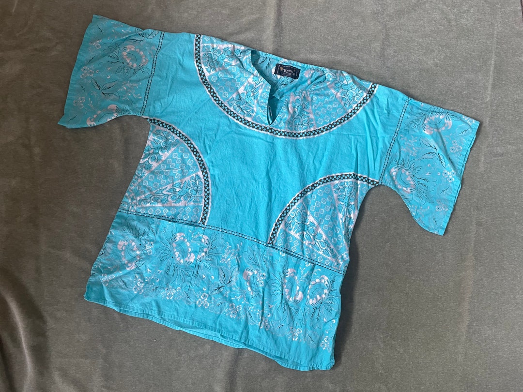 70's/80's Super Soft Blue Rayon Tunic with White Embroidery main image 1
