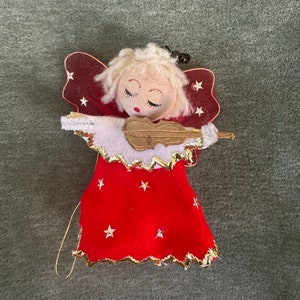 Vintage spun cotton angel Christmas ornament, 1950s angel Christmas ornament with violin, spun cotton red angel Christmas ornament mcm