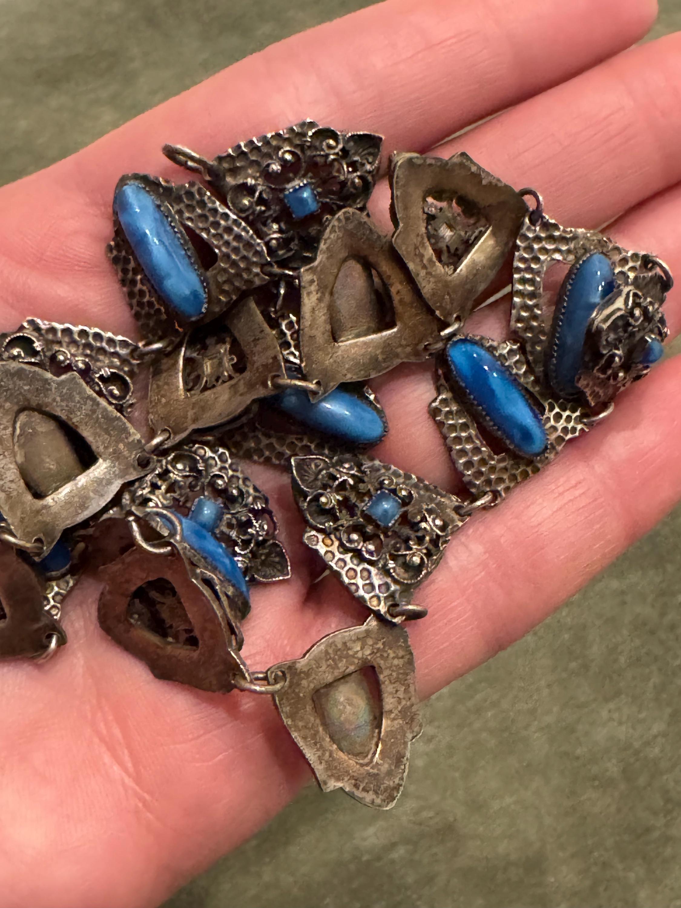 Vintage 1920s Art Deco Necklace Choker, Blue Glass Stones and Gilt