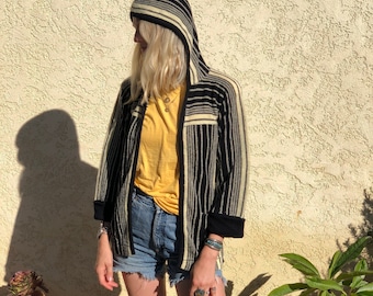 Vintage 1970s Hooded Acrylic Cardigan sweater,70s acrylic striped wrap cardigan sweater,Retro Hippie boho bohemian sweater size medium