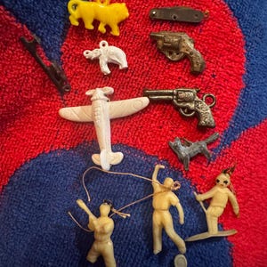 Vintage Cracker Jack toy lot, early 20th century mcm Cracker Jack Lot, metal celluloid and plastic