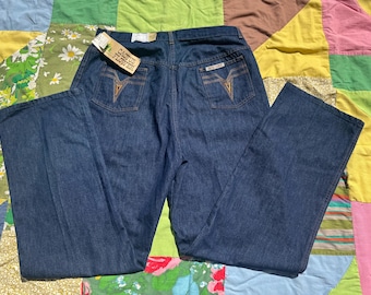 Vintage Cactus Flower deadstock 70s jeans with embroidered v pockets 36"
