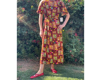 Vintage Hawaiian Barkcloth Maxi Dress: 1970s Flower Power, Size 38 (NOS)