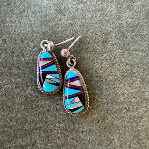 Vintage Zuni inlay dangle earrings, sterling silver turquoise jet mother of pearl and coral earrings, Zuni dangle earrings inlay Southwest