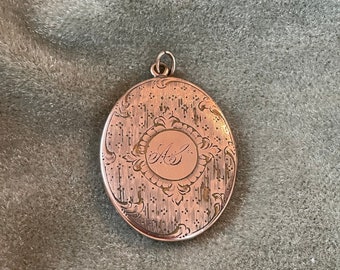 Antique 10K Gold etched initial monogram and scrolled filigree oval locket pendant, vintage large gold oval locket