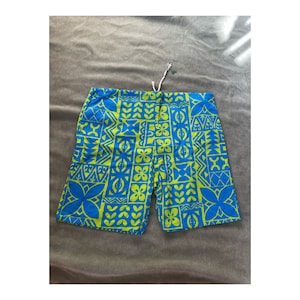 Vintage 60s 70s surf swim trunks, deadstock swim shorts trunks, 1960s 1970s mens swimwear trunks cotton Hawaiian pattern tiki green blue M