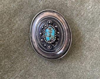 Vintage Mid Century Nissan Benyaminoff Brooch turquoise and silver, Israeli silver and turquoise oval brooch 1950s 50s