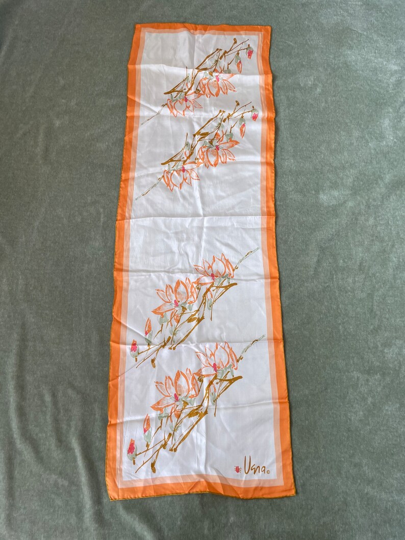 Vintage Vera Neumann oblong silk scarf made in Japan,60s 70s Vera scarf,Vera Neumann orange flower vintage scarf hand rolled,Vera lady bug image 2