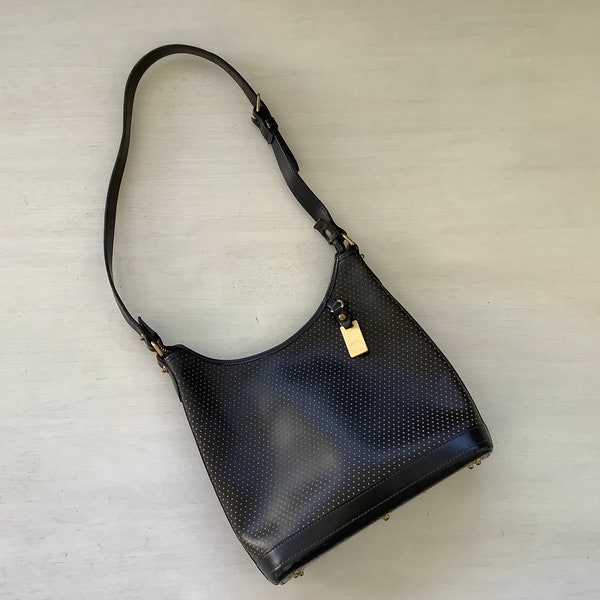 Vintage Dooney & Bourke Black Cabrio Hobo Bag, Black Leather Dooney,Small Shoulder Hobo Bag, Perforated Yellow Dots Bag, Made in USA, Dooney