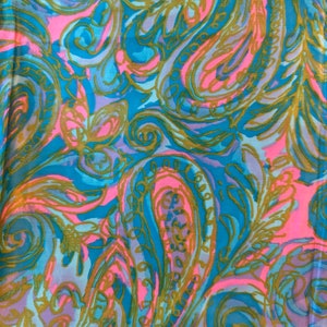 Vintage blue pink purple swirl fabric, 60s 70s psychedelic abstract leaf feather fabric, 1960s 1970s fabric