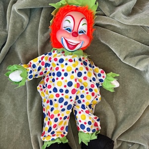 Vintage Rushton Orange hair rubber face clown, Rushton happy clown with hat and polka dots, vintage clown doll with rubber face Rushton