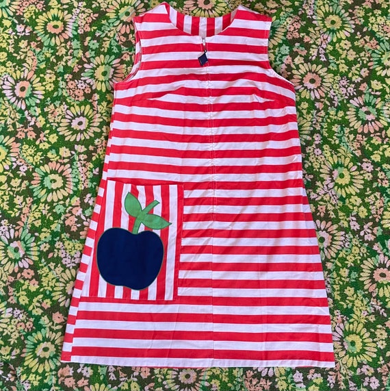 Vintage 60s 70s striped apple pocket mini dress, … - image 2
