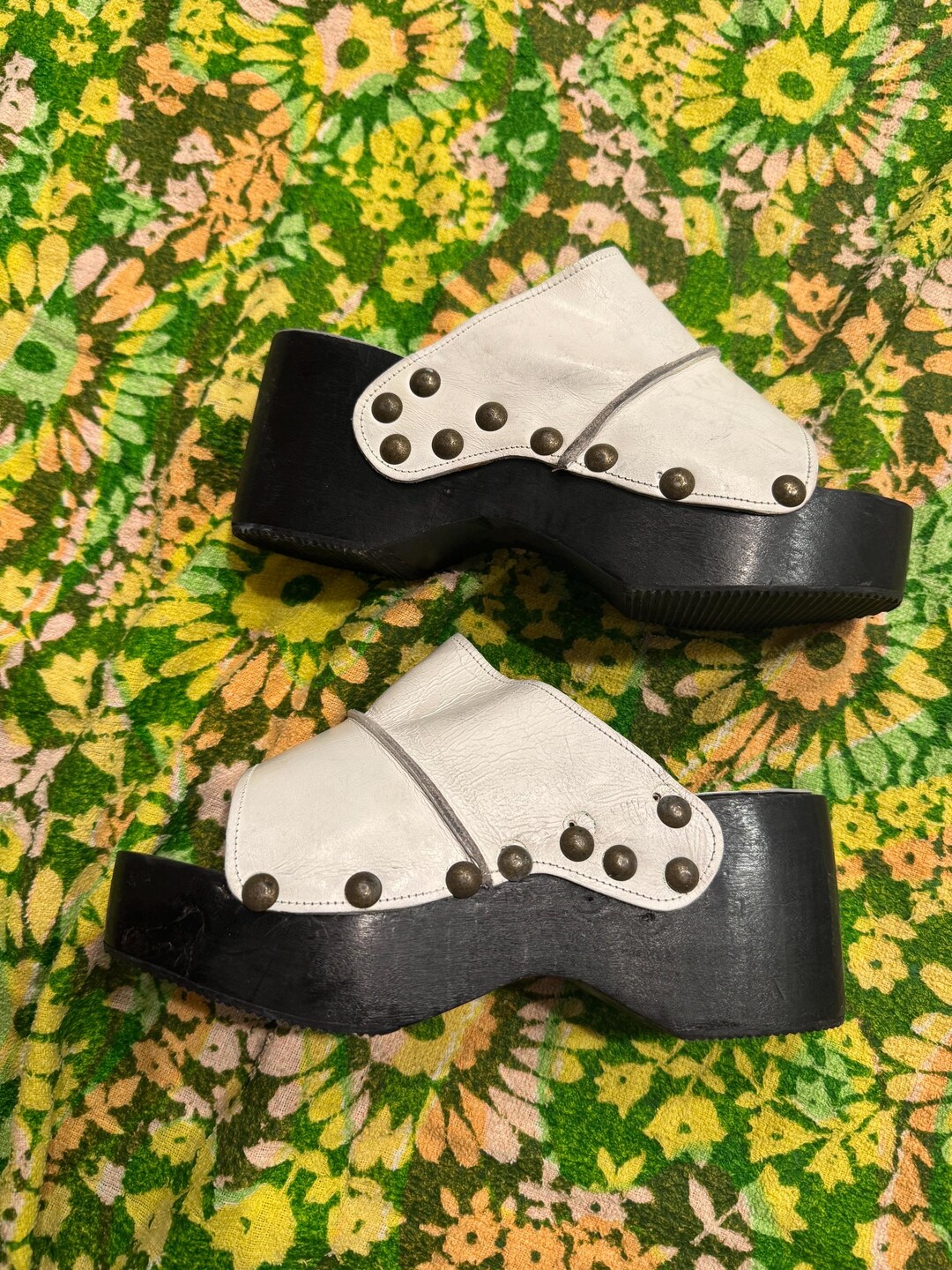 Vintage 70s White Leather Black Wood Platform Wedge Sandals, Size 7b ...