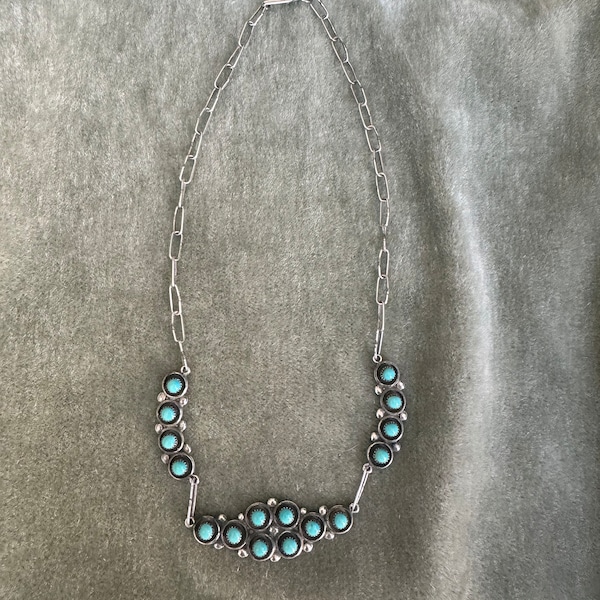 Vintage old Zuni snake eye turquoise sterling choker necklace, handmade chain Southwest Pueblo Native American Signed necklace,Zuni necklace