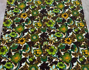 Vintage 60s Floral Fabric: green, blue, gold, yellow Flower Power