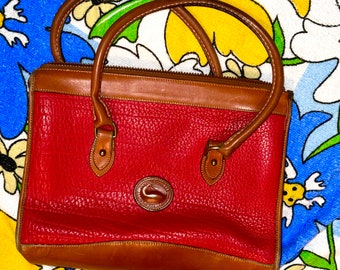 Vintage Dooney & Bourke red all weather leather bag 80s top handle style bag, Dooney and Bourke red leather bag with top handles 80s 1980s
