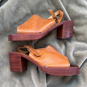 May include: A pair of brown leather platform sandals with a peep-toe design. The sandals feature a wide strap across the top of the foot and an adjustable ankle strap. The heels are a dark brown, block style.