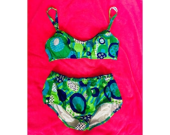 Vintage 60s bikini, 1960s Mod circle bikini, psychedelic swimsuit, Glenbrooke 60s acrylic bikini, retro blue green purple bikini, 60s swim