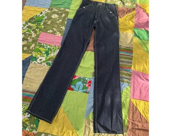 Vintage 70s dark denim jeans, straight leg western boot back patch and pocket detail