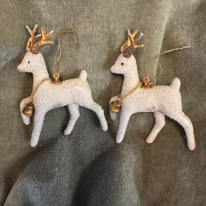 Vintage 1960s glitter flocked white blow mold deer ornaments, glitter deer set of two ornaments, vintage Christmas