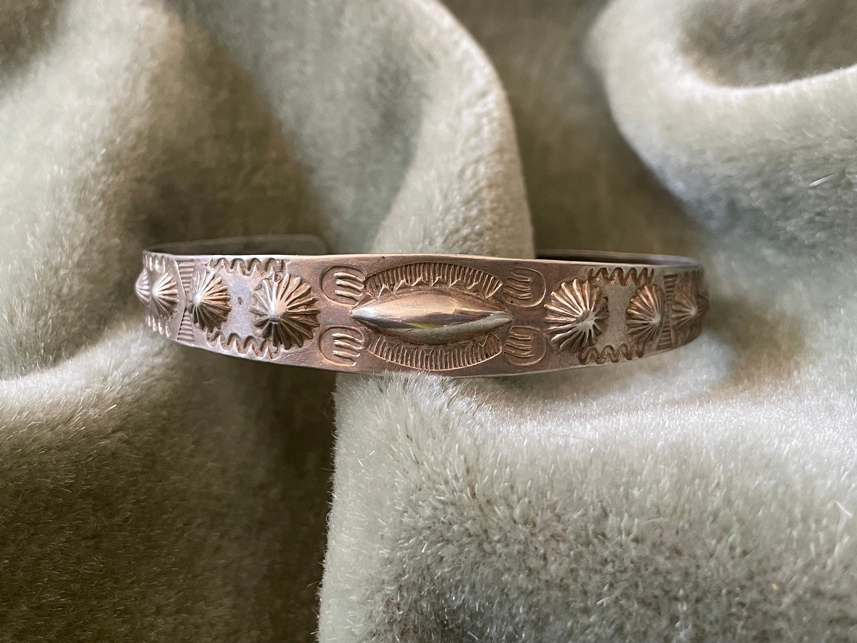 Item #913R- XLG Wide Navajo Stamped Symbols Repousse Sterling Silver Cuff  Bracelet by V&C Hale —Men's and Women's Sterling Silver and Gold Bracelets-  EAGLE ROCK TRADING POST-Native American Jewelry