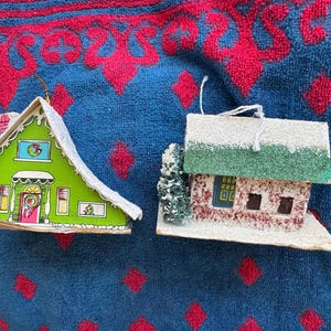 Vintage MCM Putz house ornaments lot of two, one house made in Japan, retro Putz ornament houses