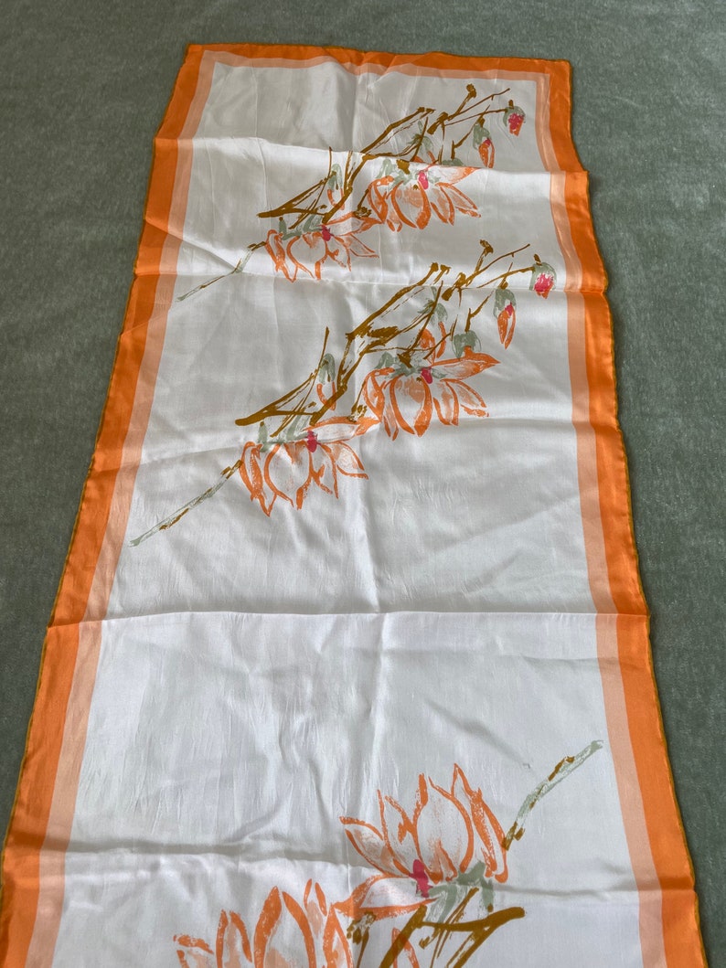 Vintage Vera Neumann oblong silk scarf made in Japan,60s 70s Vera scarf,Vera Neumann orange flower vintage scarf hand rolled,Vera lady bug image 4