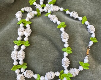 Vintage White & Green Flower Bead Necklace: Hong Kong 50"