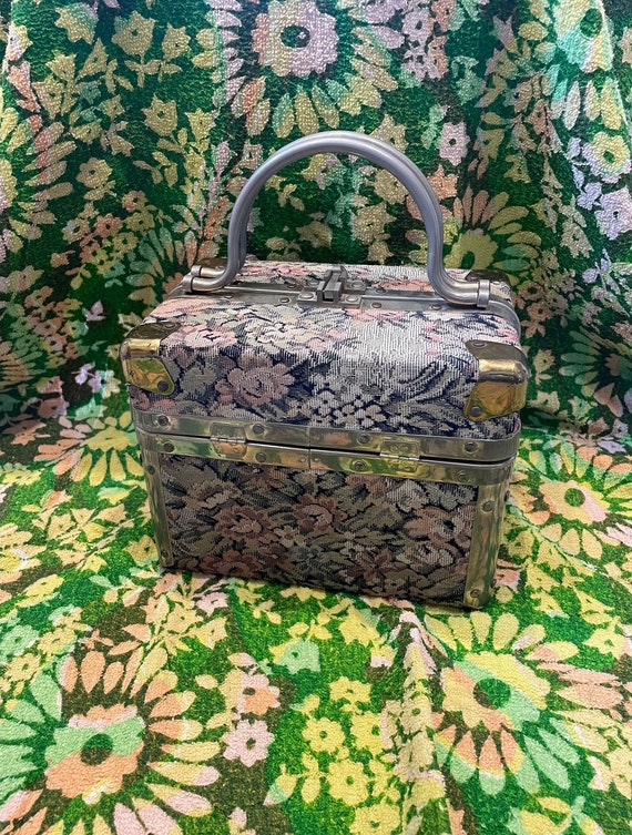 Vintage Delill box purse, tapestry box purse train