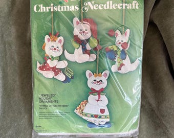 Vintage Bucilla Christmas Needlecraft Jeweled Holiday ornaments, Three Little Kitties Bucilla ornament kit complete