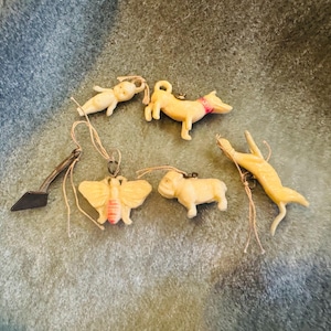 Vintage Cracker Jack toy lot, early 20th century mcm Cracker Jack Lot celluloid plastic, Cracker Jack Beanie Tags lot of 6