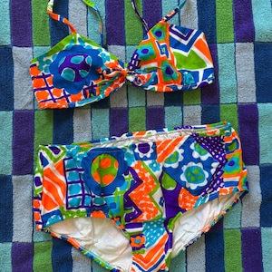 Vintage 60s 70s mod bikini, abstract flower power bikini, blue orange green purple swimsuit 1960s 1970s xs