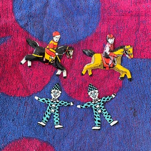 Vintage Cracker Jack toy lot, Tin Litho Clown and horseback rider lot, premium cracker jack prize, Cracker Jack tin toys 1940s
